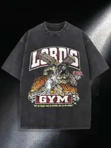Men's LORD's GYM Muscle Jesus Graphic Vintage Gym T-Shirt - 230g Heavyweight Washed Cotton Oversized Fit, Distressed Christian Bodybuilding Design with Jesus Flexing Bicep & Bible Verse (Philippians 4:13) - Cas
