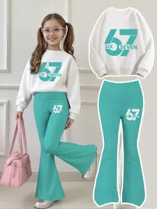 Girls' Fresh Mint Sweatshirt & Bell Bottoms Set, Casual Fitted Design, Creative Letter Number Combination, All Seasons Wear, Fashion Clothes Set