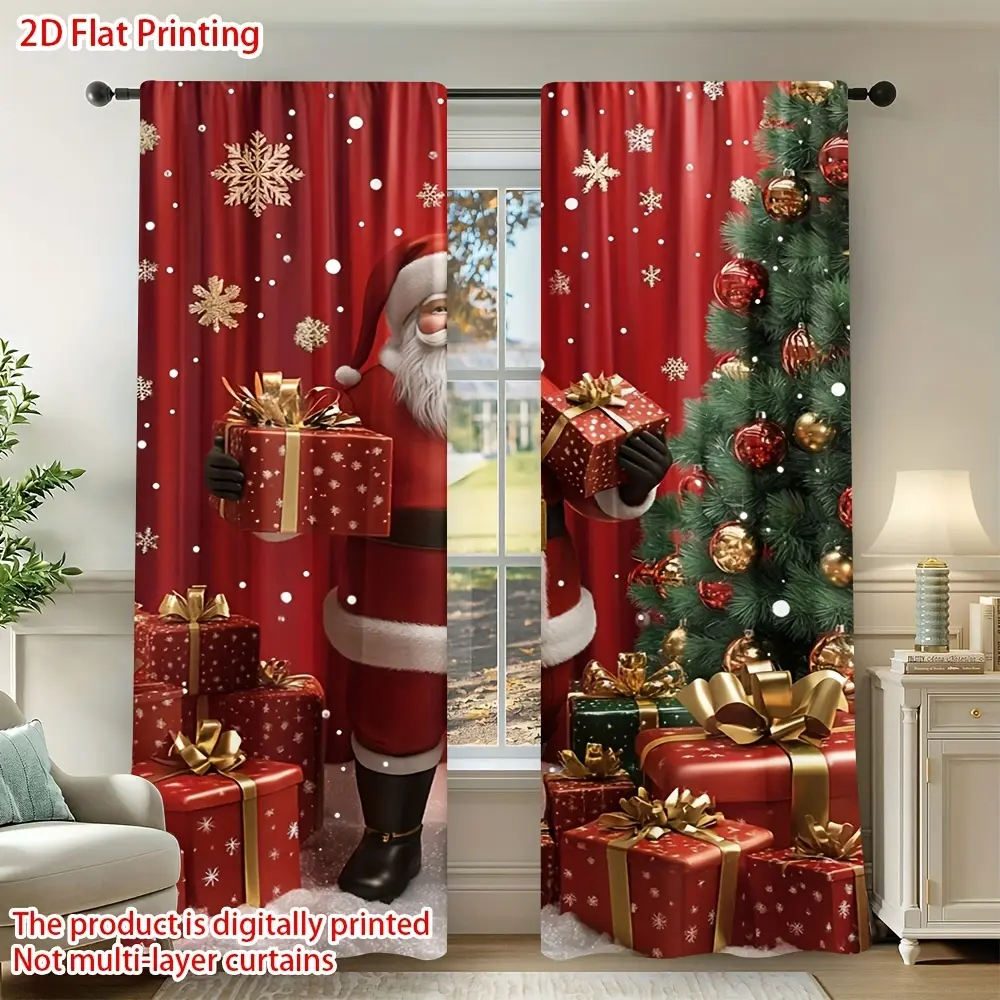 2D Flat Santa Claus & Christmas Tree Curtains - Red & Gold Holiday Window Curtains with Santa Claus, Gifts & Snowflakes - Semi-Transparent Privacy Curtains Living Room, Bedroom, Office - Machine Washable Polyester Christmas Decorations