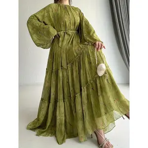 [Customer Favorite] Ramadan Floral Print Crew Neck Kaftan, Elegant Long Sleeve Belted Maxi Dress, Women's Clothing
