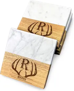 Customized Square Marble and Wood Coasters: Thoughtful Presents for Mom, Grandma, and Special Occasions - Deer Antler Design - Personalized Coaster