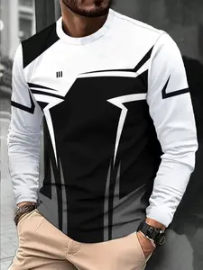 Men's Long Sleeve Striped Patchwork T-Shirt, Irregular Design, Fitted Casual Style, All Seasons Fashion