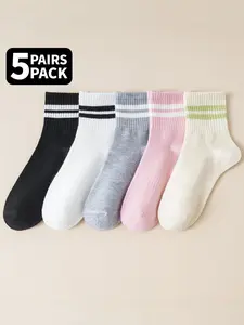 5 pairs of men's and women's colorful striped mid-calf athletic socks, perfect for yoga, running, and everyday casual wear, ideal for autumn, Sports Socks