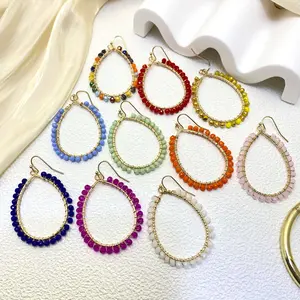 Summer Handmade Beaded Round Glass Hoop Earrings Dopamine Colorful Fashionable Versatile Earrings for Women in Vibrant Colors