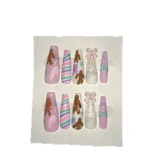 Gingerbread Inspired Pink, Blue & Purple Press On Nails - with Various Designs and Colorful Accents