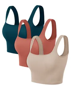 ODODOS 3-Pack Seamless Square Neck Crop Tank for Women Ribbed Knit Soft Low Back Cropped Tops