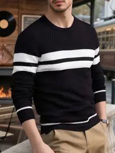 Men's outdoor sports round neck, Crewneck pullover sweater, contrasting stripes, geometric texture stripes, simple and versatile style, suitable for daily travel, home leisure, outdoor, comfortable men's casual sweater