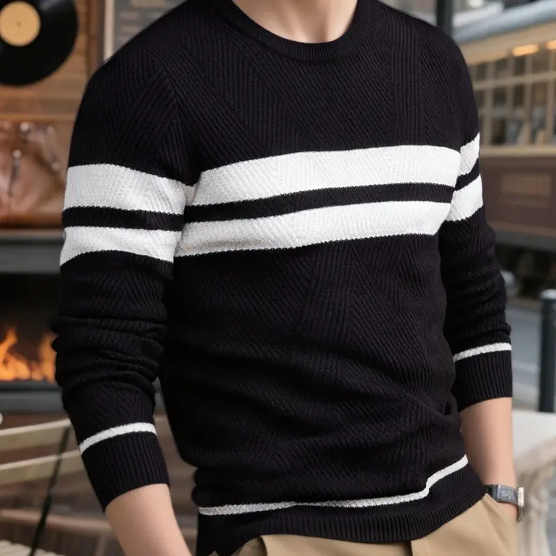 Men's outdoor sports round neck, Long sleeve pullover knitwear sweater, contrasting stripes, geometric texture stripes, simple and versatile style, suitable for daily travel, home leisure, outdoor scenarios, comfortable men's casual sweater, Striped
