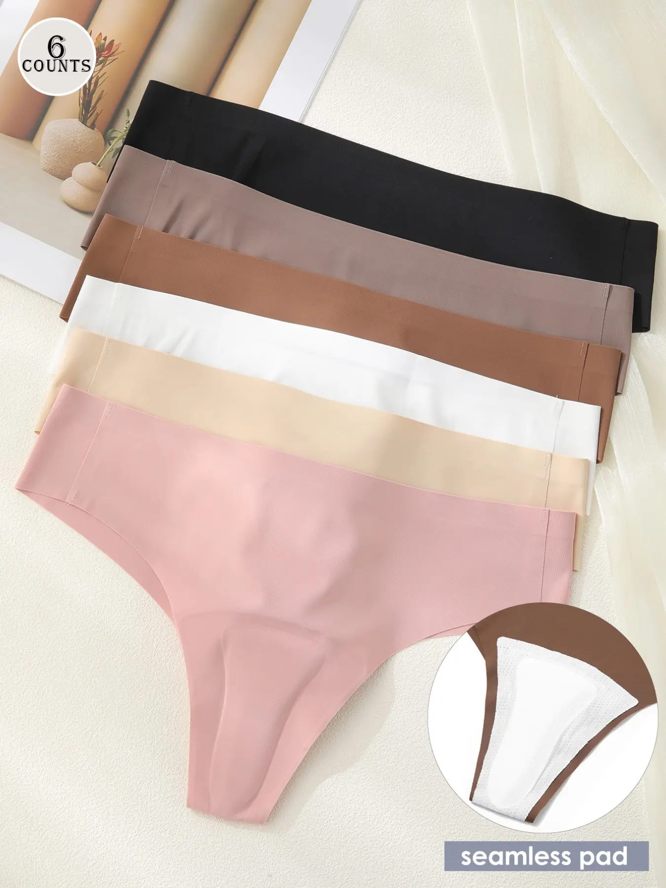 6 Pcs Women's Seamless Slim Fit Thong Panties, Anti-Chafing Yoga Fitness Underwear, Invisible Triangle Line, Casual All Seasons, Plain Pattern, Seamless Undergarment, Fitted Panties, Plain Panty