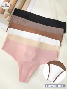 6 Pcs Women's Seamless Slim Fit Thong Panties, Anti-Chafing Yoga Fitness Underwear, Invisible Triangle Line, Casual All Seasons, Plain Pattern