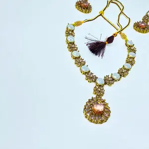 Women’s Bridal Necklace Set with Earrings – Gold Plated Traditional Jewelry – Peach, Red, Yellow, Turquoise – 19cm Height, 94g Weight