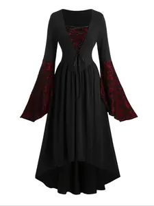Gothic Vintage Punk Lace Patchwork Dress, Sexy Bodycon European Style, Halloween Long Dress, Retro Fashion for Women