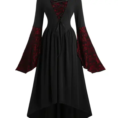 long sleeve black dress halloween costume Long Sleeve Black Dress Halloween New Arrival Black Floral Jacquard  Renaissance Medieval Square Collar Lace Long