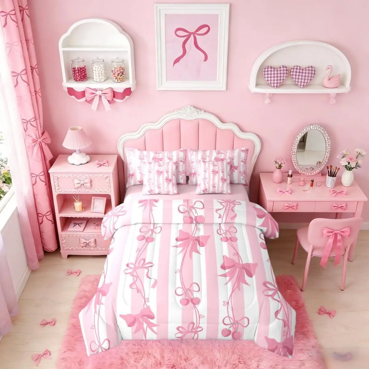 Feelyou 7-Piece Pink Cherry Bow Bedding Set - Soft Breathable Comforter Set with Comfy Blanket, Girly Coquette Preppy Design for Teen Girls, Ideal for Christmas, Valentine's Day, Nursery Ideas