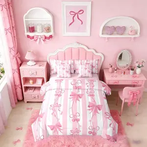Cute Pink Bow 7 Pcs Bedding Set,Girls,Pink Cherry Bows Bed Bag,Teen Girls Kids,Coquette Preppy Princess Bowknot Comforter Bed Set