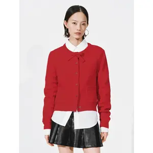 URBAN REVIVO 2026 Spring New Women's Longsleeves Knitwear Red Cardigan - Gray-Tone, Bow Detail, Patch Pockets, Acrylic Blend Fabric, Consistent Fit, Multi-Size, Casual Medium-Length Clothes Piece UYY960004