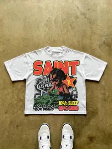 Men's Y2K Streetwear Graphic T-Shirt - 100% Cotton Relaxed Fit Crewneck Tee with Bold "SAINT" Print, Urban Motifs & Slogan Design for Casual Casual Attire, Vintage T Shirts, Seasonal Fashion, Breathable Fabric, Street Style, Retro Style