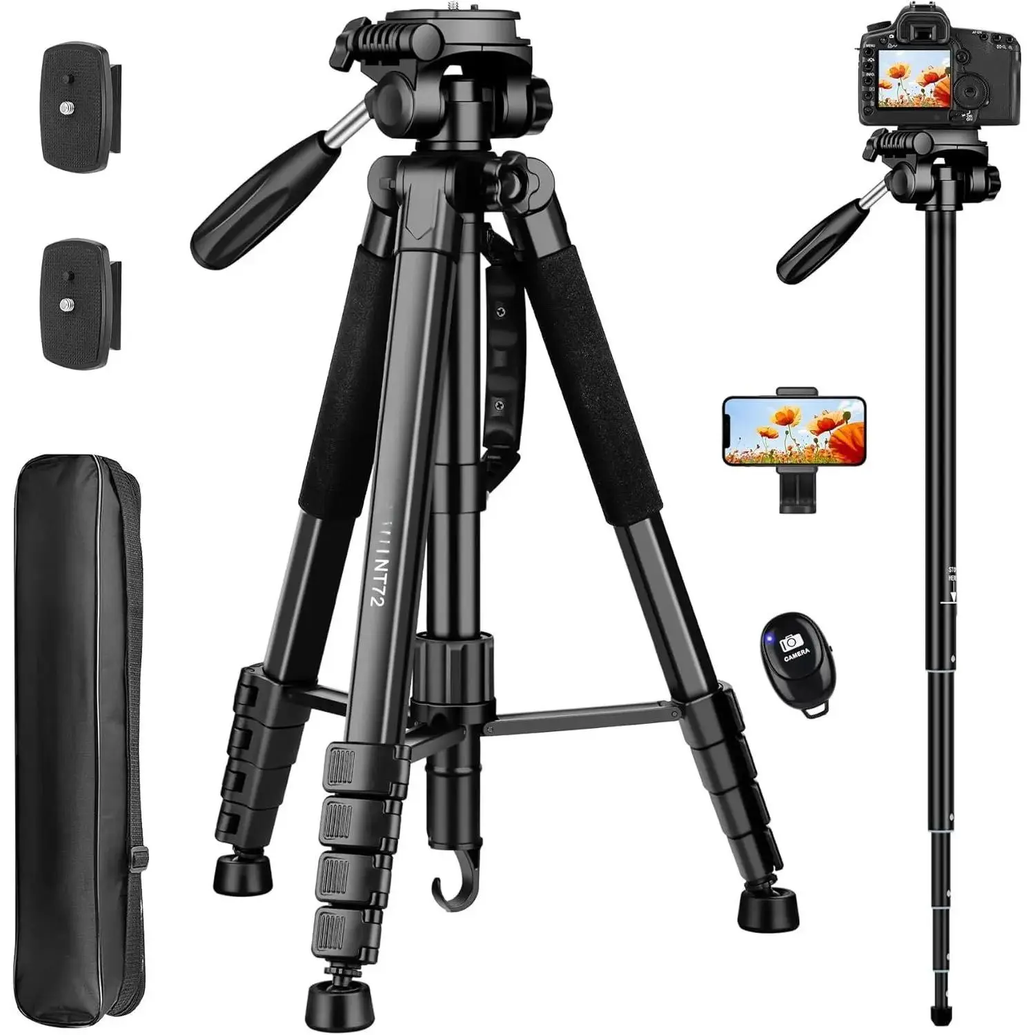 Tripod for Camera, 72" Tall Camera Tripod Monopod with Remote, Heavy Duty Compact Camera Stand for Phone,DSLR, Spotting Scope, Telescope, Binocular
