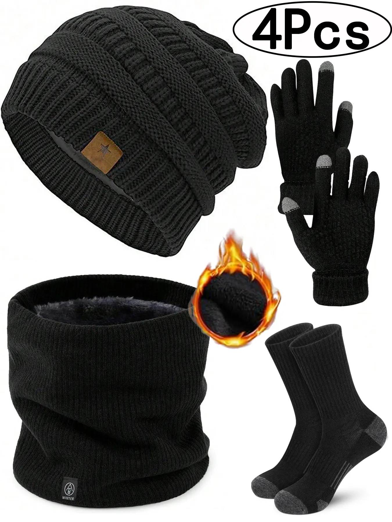 4Pcs-Knit Fleece Neck Warmer Scarf Touchscreen Gloves Socks Windproof Ski Hat Sports Warm Unisex Fall Winter Outdoor Adventure