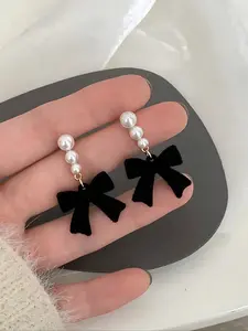 1 Pair Plush Pearl Bow Earrings, Elegant Design Suitable for Daily Use, Perfect Gift for Women, Stylish Accessory for Any Occasion