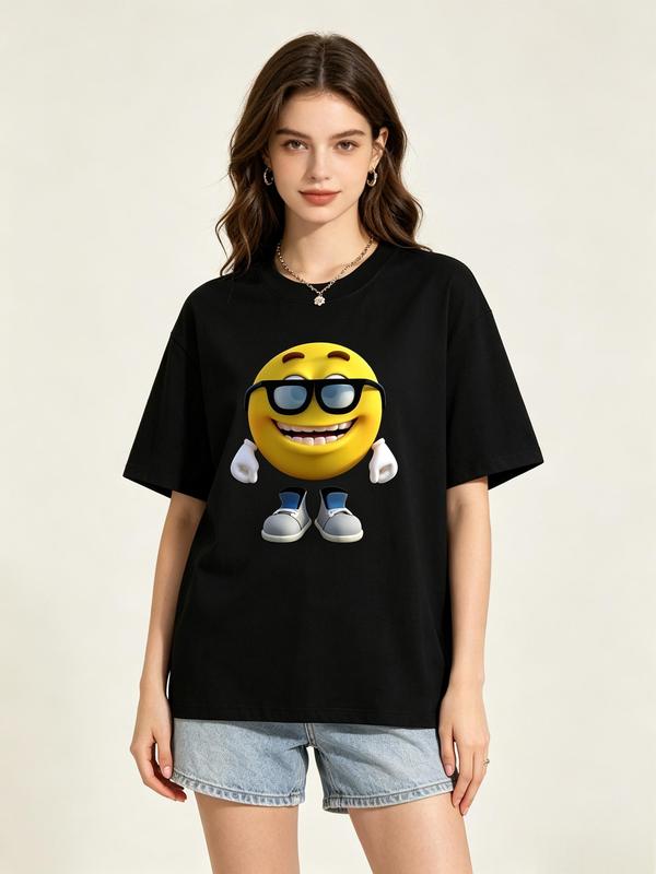 Women's Oversized Black Cotton T-Shirt - 3D Grinning Nerd Glasses Emoji Cartoon Graphic, Half Sleeve, A-Type, Backless, Lightweight, Valentine's Day Viral TikTok Casual Daily Top