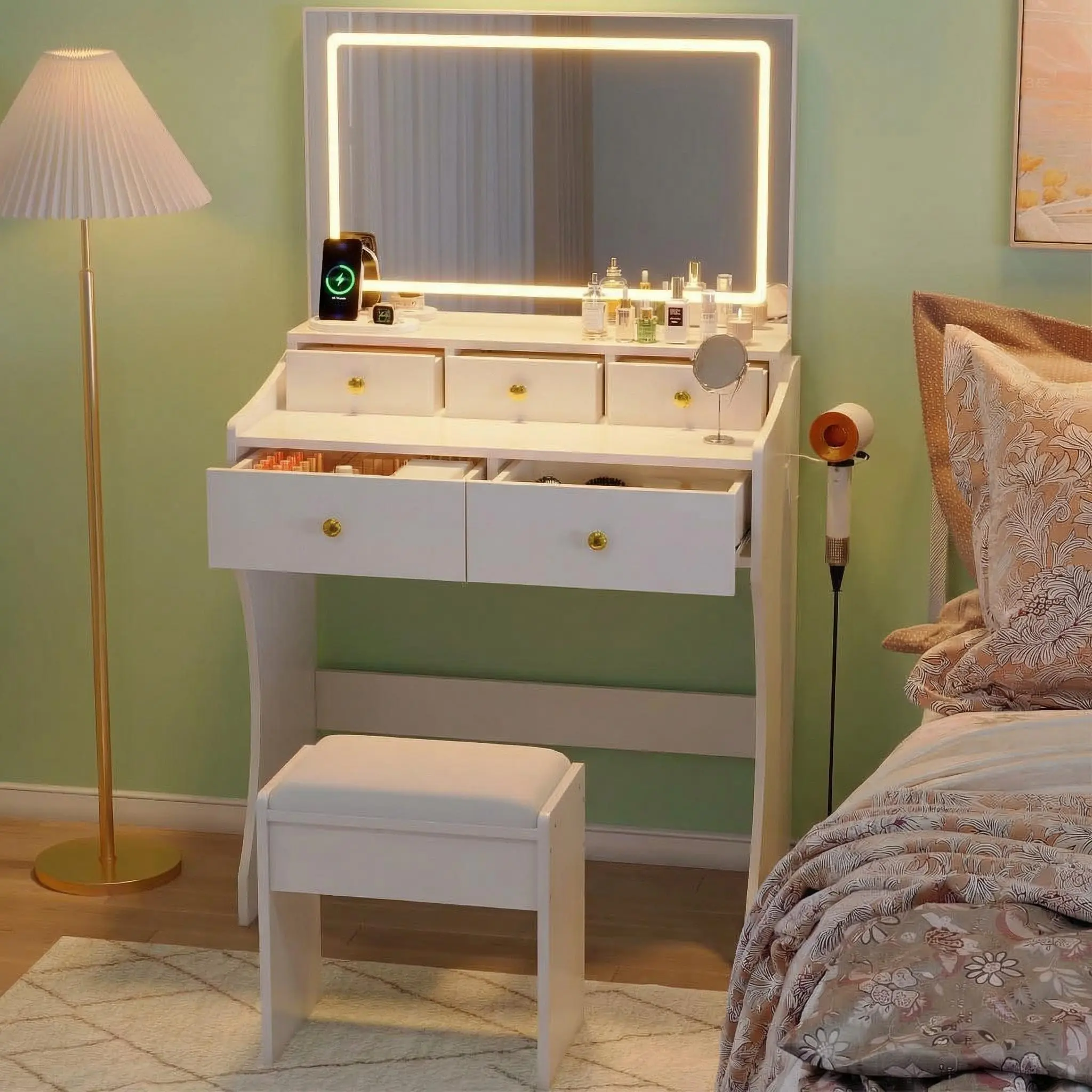 LED Makeup Vanity Desk with Mirror & Chair, Dressing Table Featuring Power Outlet, Hair Dryer Holder and 5 Drawers, Vanity Table with Cushioned Stool, White