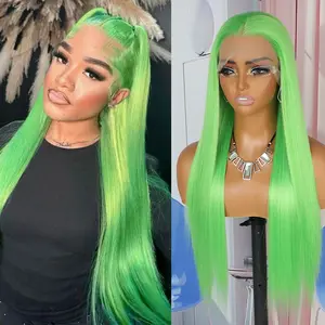 QD-Tizer Apple Green Long Straight Hair Wigs for Women 13x3 Lace Area Synthetic Fiber Heat Resistent Wigs Hair For Women Daily Party Christmas