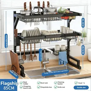 Over the Sink Dish Drying Rack | 2-Tier Kitchen Organizer with Utensil & Cutting Board HolderExtensible sink storage rack, suitable for tableware, cups and cooking tools, space-saving countertop design, black, countertop storage.