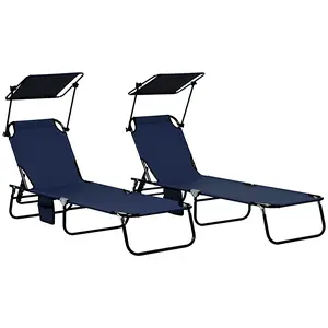 Folding Chaise Lounge Pool Lounge Chairs Set of 2, Outdoor Sun Tanning Chairs with Canopy Shade, Reclining Back, Steel Frame and Side Pocket for Beach, Yard, Patio, Dark Blue
