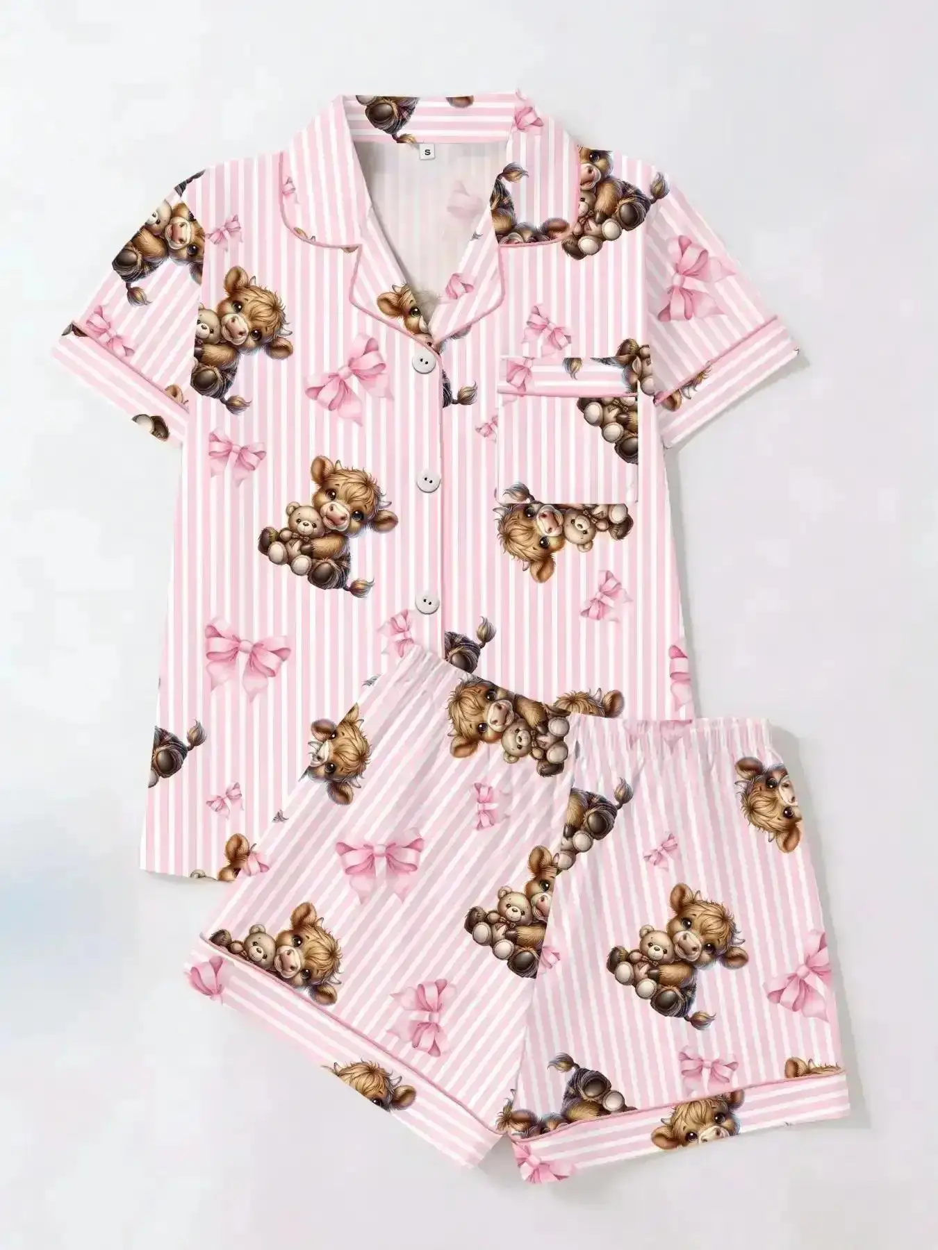 Spring Summer Women's Sleepwear Set, Bear Print Cardigan Short Sleeve Sleep Pajamas Shorts, Casual Loose Fit Homewear, Comfortable All Seasons, Pajama Pyjama Printed, Coord Set, Outerwear, Versatile, Comfort