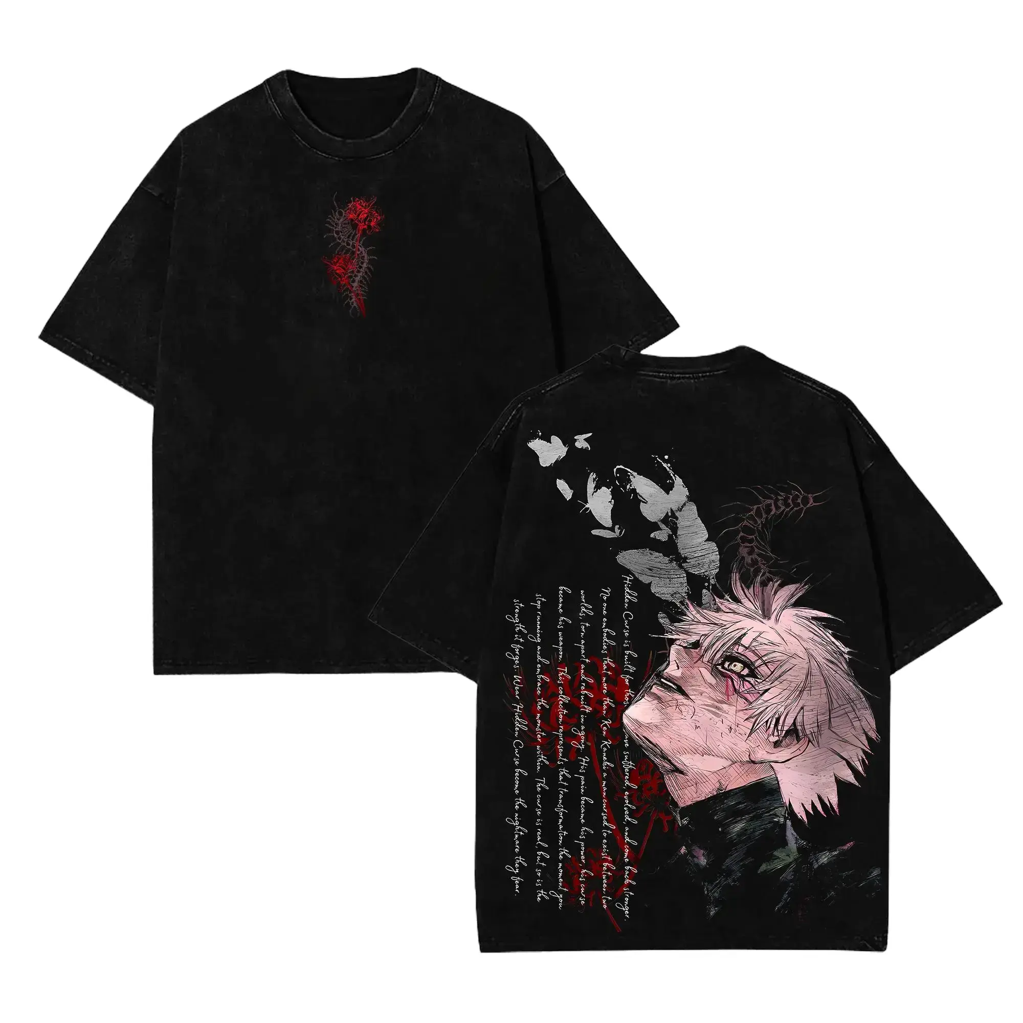 Men's Vintage Washed Tokyo Ghoul Oversized Short-Sleeve T-Shirt - Ken Kaneki Butterfly Graphic, Double-Sided Soft Seamless Premium Cotton Fabric, Menswear Anime Streetwear Apparel, Shortsleeve