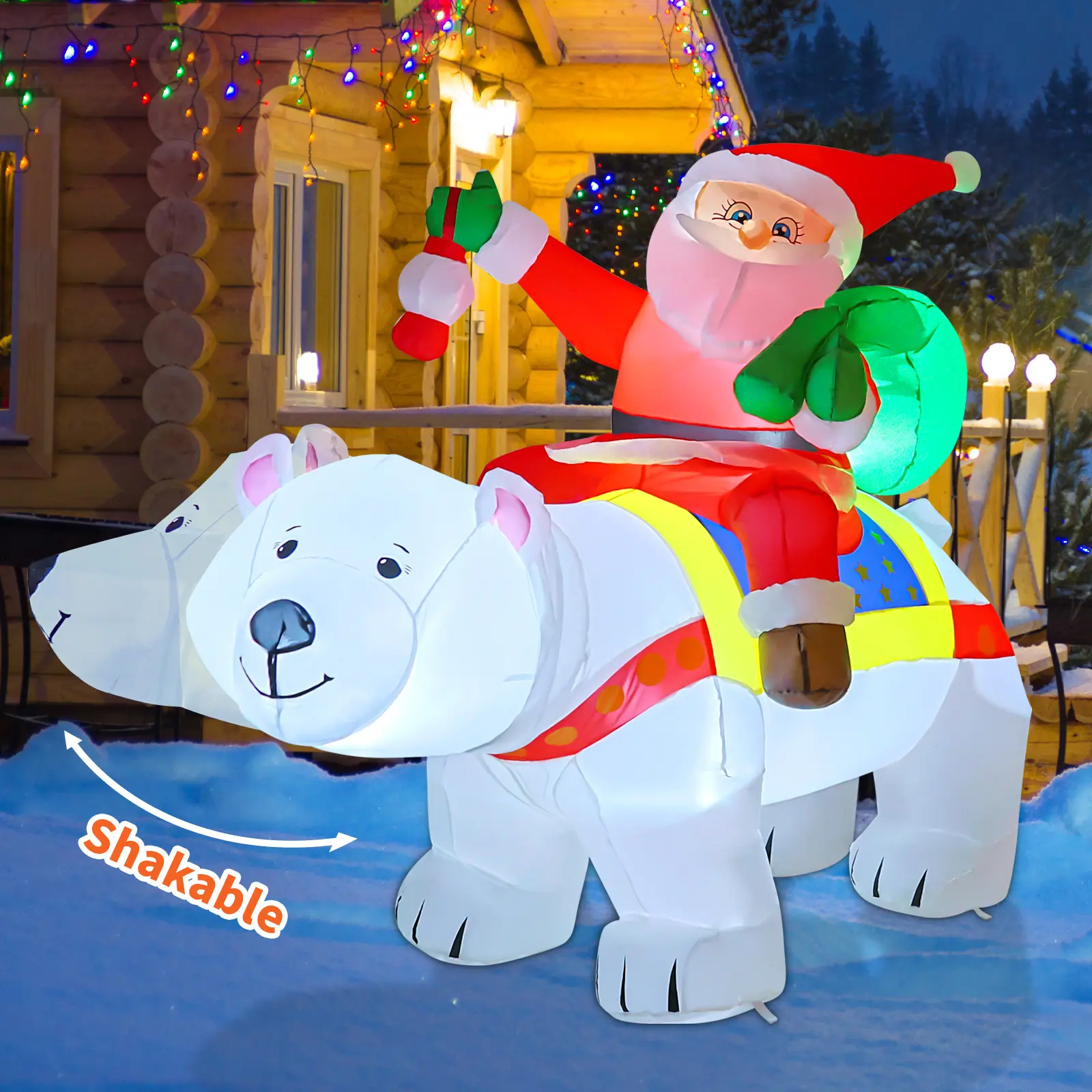 7Ft Christmas Inflatable Santa on Polar Bear with LED Lights Waterproof Outdoor Decor for Xmas Party Garden Lawn Shaking Head Design High-Quality Polyester Weather Resistant Photo Ornaments
