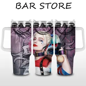 [Bar] Harley Suicide Squad 40oz Stainless Steel Tumbler with Handle – DC Comic Fan Insulated Mug, Superhero Gotham City Sirens Style Cup, Leakproof Travel Gift