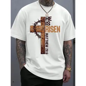 Mens He Is Risen Cross Crown of Thorns Graphic Tee Vintage Faith Christian Short Sleeve Crewneck Shirt for Easter Church Sunday Worship Streetwear