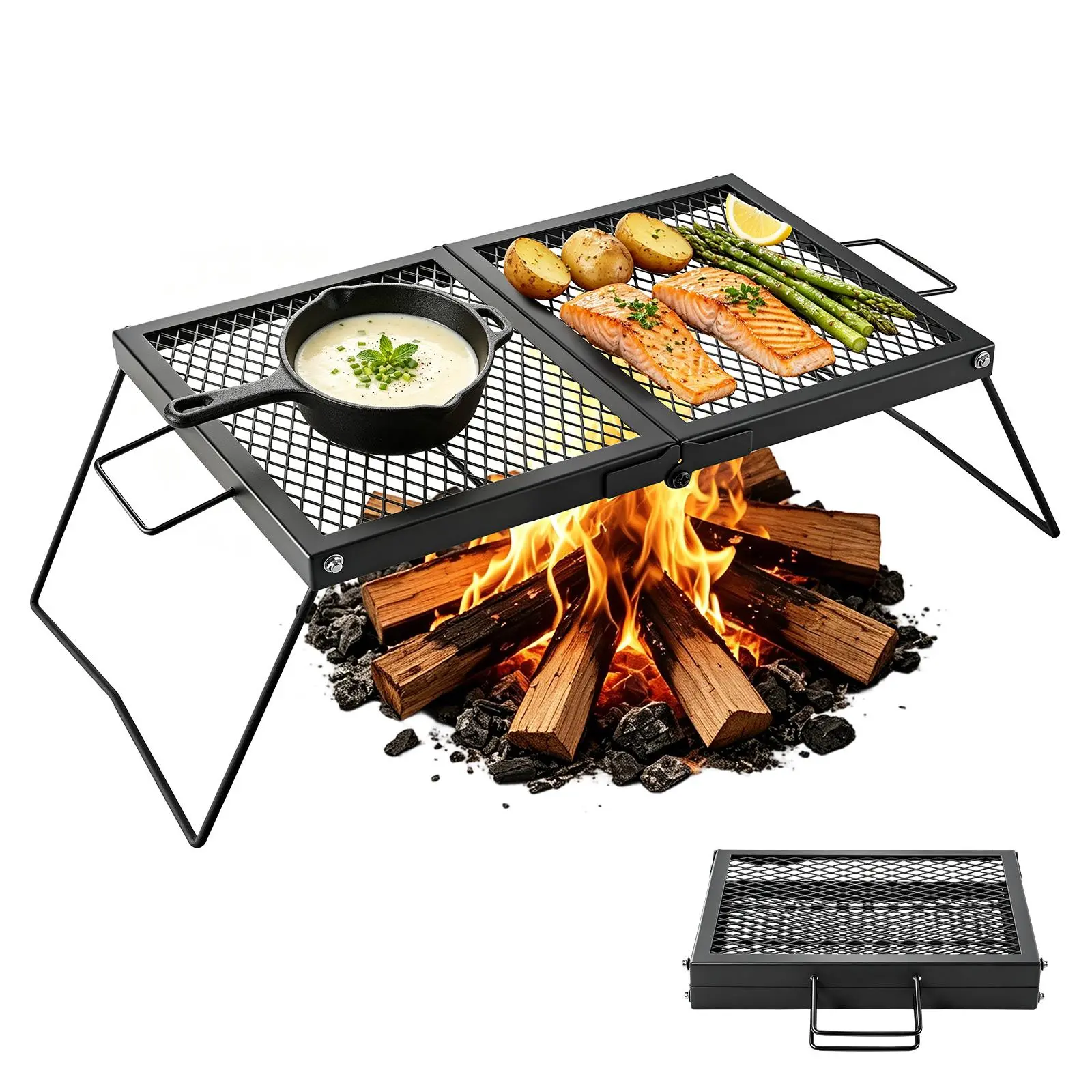【SummerFinds】VEVOR Heavy Duty Folding Campfire Grill, 24" Portable Camping Grill Grate, Sturdy Steel Mesh, Compact Equipment Over Fire Pit, with Legs and Handle, Grilling Rack for Outdoor Open Flame Cooking, Black