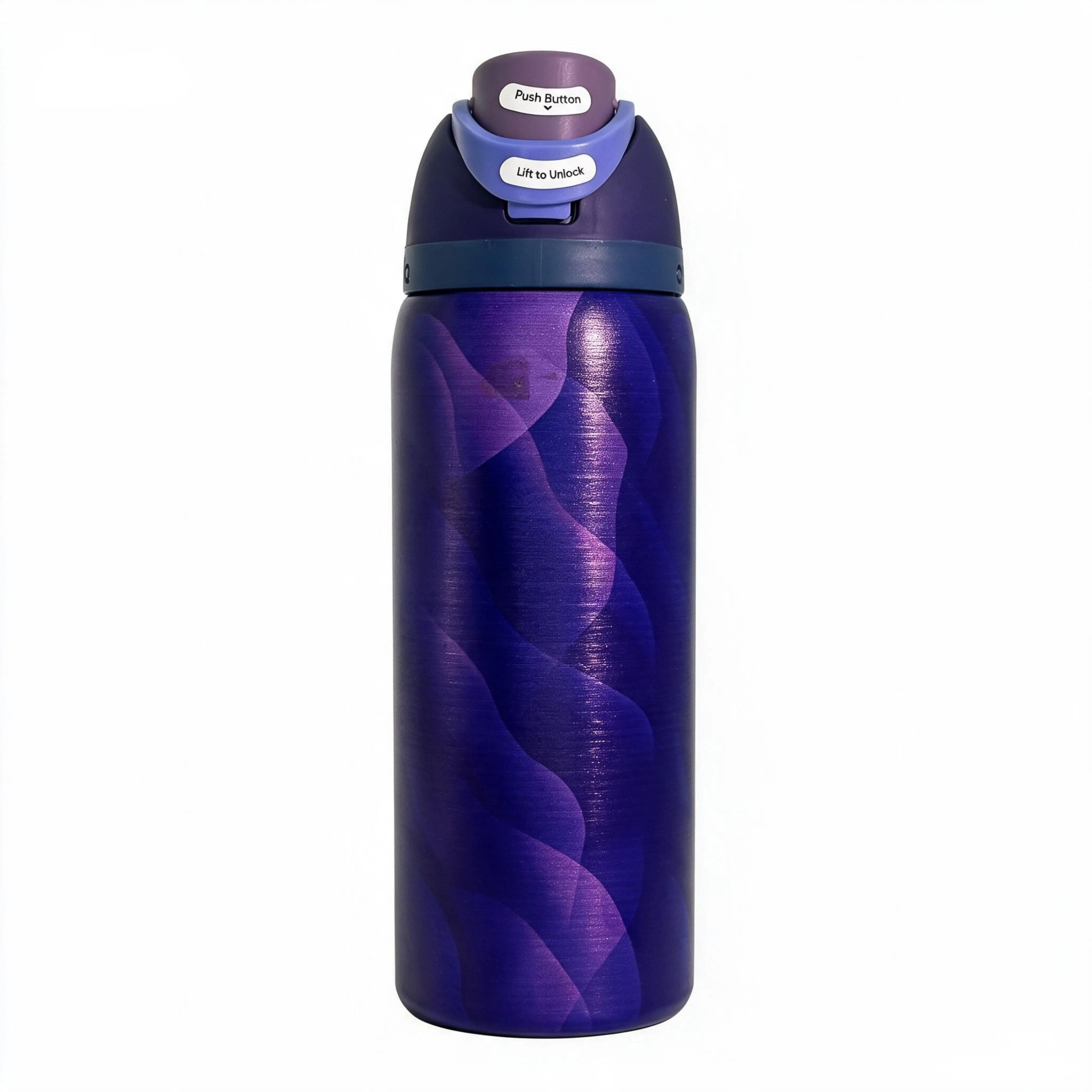 Owala 32oz FreeSip insulated stainless steel water bottle, diamond purple flip-top leak-proof travel lid, perfect for workouts, hiking, and everyday use. Stylish patterned design, keeps drinks hot or cold, makes a great gift.