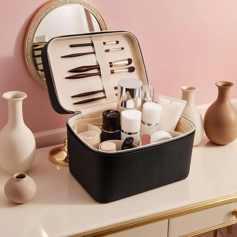 Duo Vanity Case Burgundy - Large Functional Travel Makeup Bag Organizer with Removable Divider