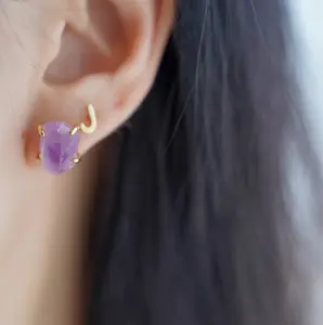 Natural Crystal Stud Earrings - Amethyst  Aquamarine 14K Gold Plated  925 Sterling Sliver Post Non Tarnish Healing Gemstone Earrings for Women  Birthstone Earring, Stackable Studs for Everyday Wear & Gifts VITARING