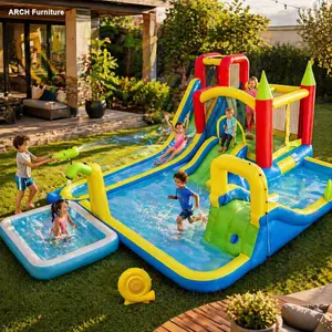 ARCH 11 in1 Inflatable Slide Water Park Dry and Wet Slides Large Pool Water Gun Trampoline Climbing Wall Basketball Hoop and Ring Toss Game Outdoor Indoor Backyard Party Bounce Castle for Kids, Outdoor Stuff For Kids, Ground Stake, Outdoor Play Sets, Mult