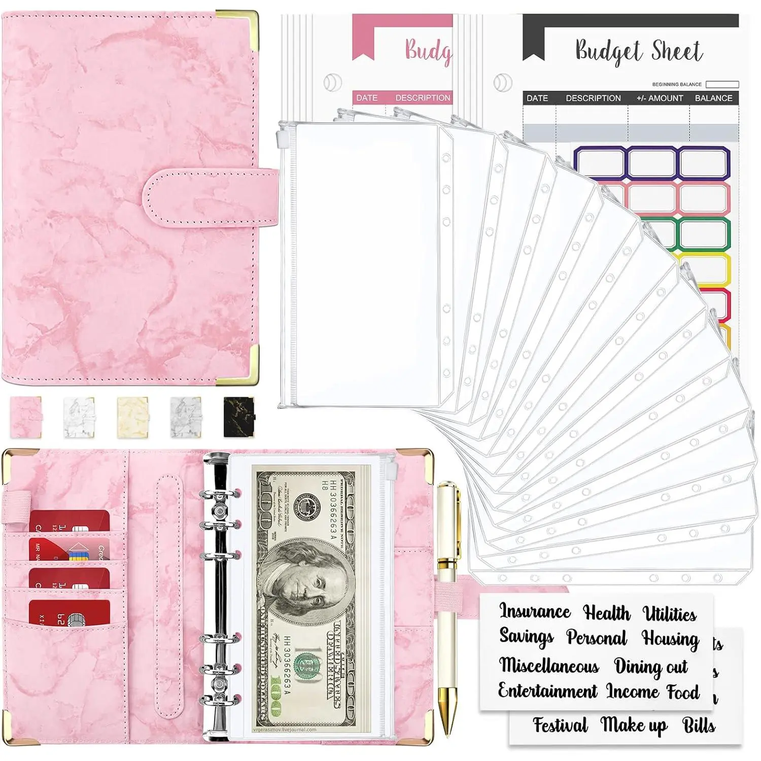 Marble Cover A6 Size PU Leather 6-Ring Budget Binder with 28 Budgeting Envelopes, Desktop Personal Organiser for Office Stationery Needs