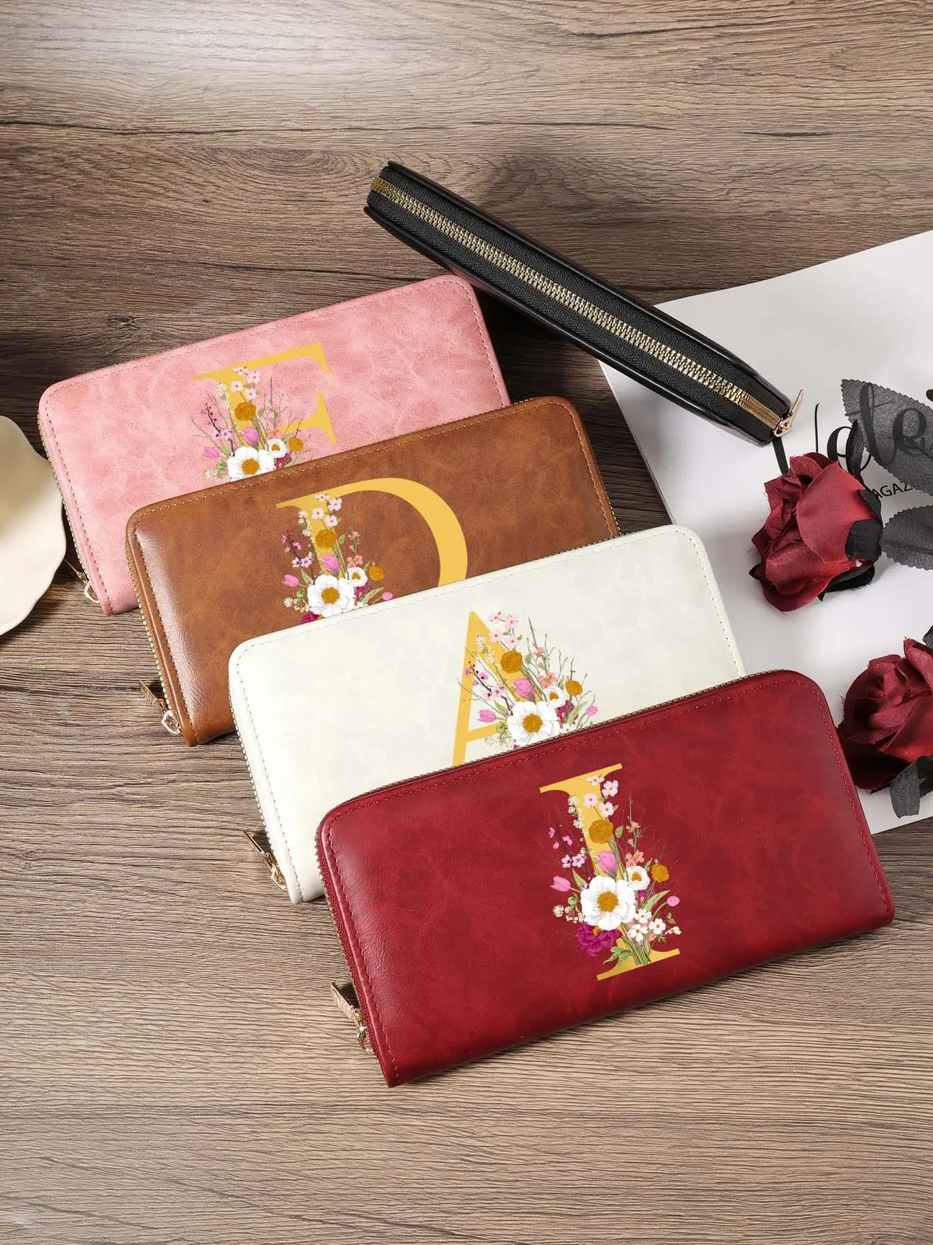 Elegant Initial Floral Long Zipper Wallet, Stylish Large Capacity Monogram Clutch Bag Portable Lightweight Multi-Slot Card Holder for Daily Life