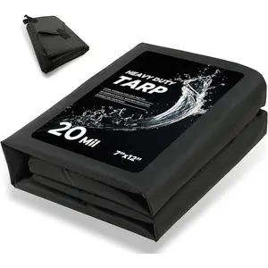 20 Mil Heavy Duty Waterproof Tarp, 7x12ft Black Tarpaulin with Reinforced Webbing Loops, Multipurpose Oxford Fabric Tarp for Firewood, Roof, Camping, Pool