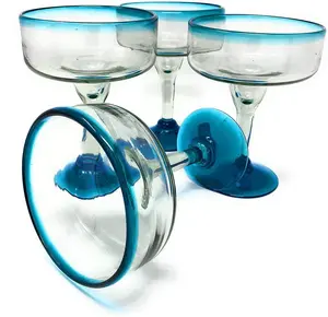 Aqua Rim Margarita Glasses - Set of 4 (16 oz each)