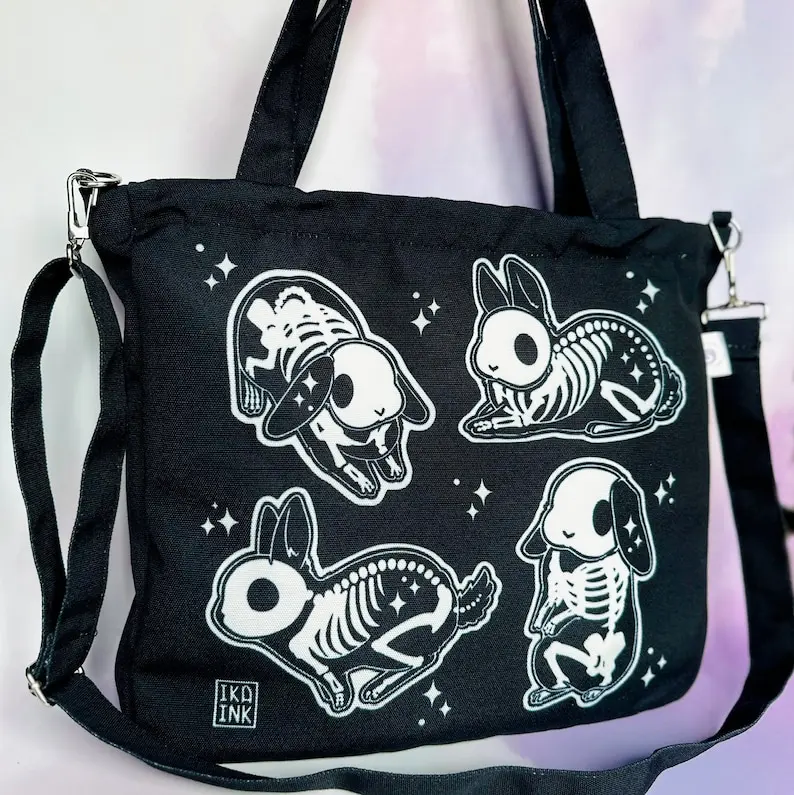 Women's Gothic Skeleton Bunny Canvas Tote Bag, Messenger Bag with Removable Strap