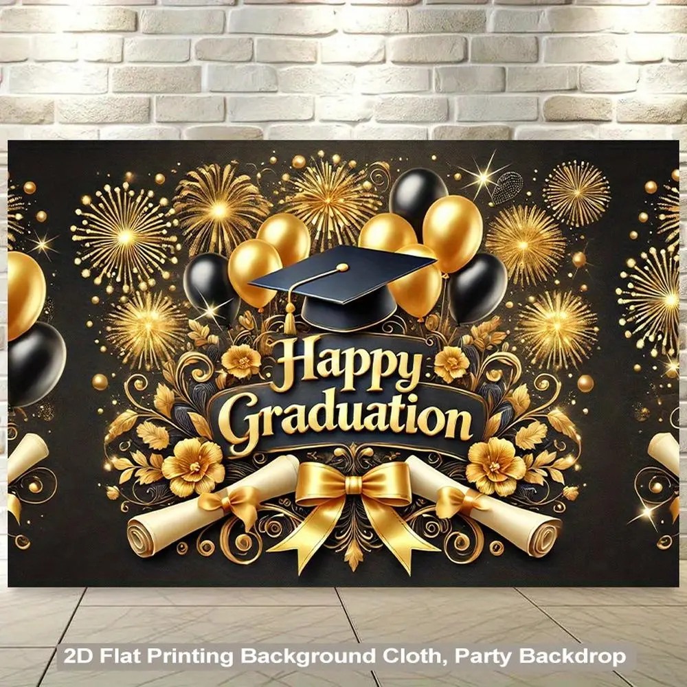 1PC,2D Flat Backdrop Graduation Party Backdrop, Black and Gold Theme Graduation Celebration Decoration Backdrop, Graduation Photo Backdrop, Graduation Party Background Cloth for Graduation Ceremony, Pa