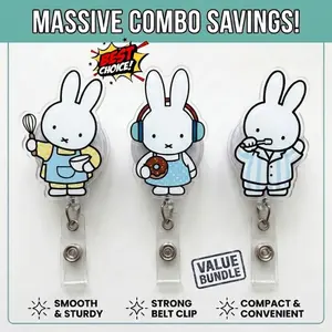[Best Value Bundle] Cute Daily Bunny Badge Reel Combo - Cute Retractable ID Badge Holder - Durable Acrylic Name Tag Clip - Perfect Gift for Student & Officer