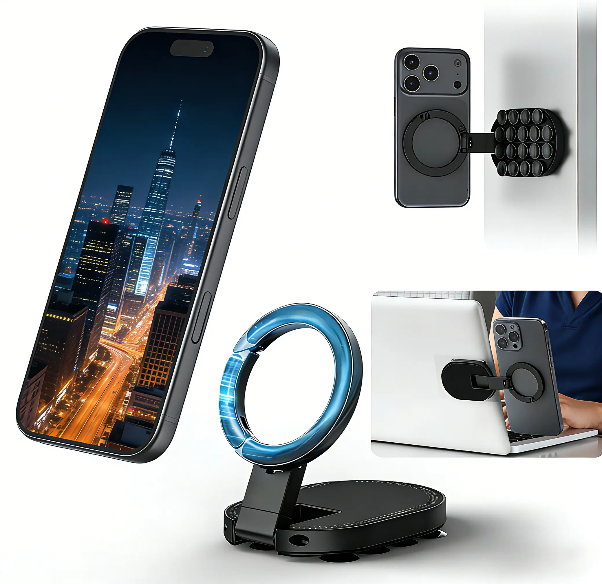 3-in-1 MagSafe Magnetic Base Mobile Mount, 360° Rotatable Compact Suction Cup Holder with 18 Tiny Cups, Carabiner Clip, Folding On-the-Go Accessory for iPhone 17-12, Wall/Glass Compatible, Ideal for Car/Desk