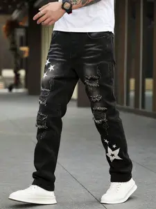 Black Denim Pants Jeans For Men Ripped Slim fit Casual Trousers Straight Leg Streetwear Y2k Clothing Mid Waist Menswear Summer Outfits