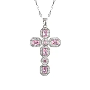 Maison Foufou Scarlett Pink Silver Cross Necklace, Titanium with Gemstones, y2k Elegant Silver herringbone Pendant, Perfect Gift for Birthdays & Special Occasions tarnish proof taonga gift necklace