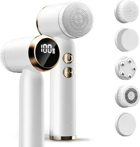 Electric Face Scrubber with Led Display & Facial Cleansing Brush - 6-in-1 Exfoliating Kit, 3 Speeds, IPX6 Waterproof Face Brush for Deep Cleaning, Massage & Gentle Exfoliation-Milk White
